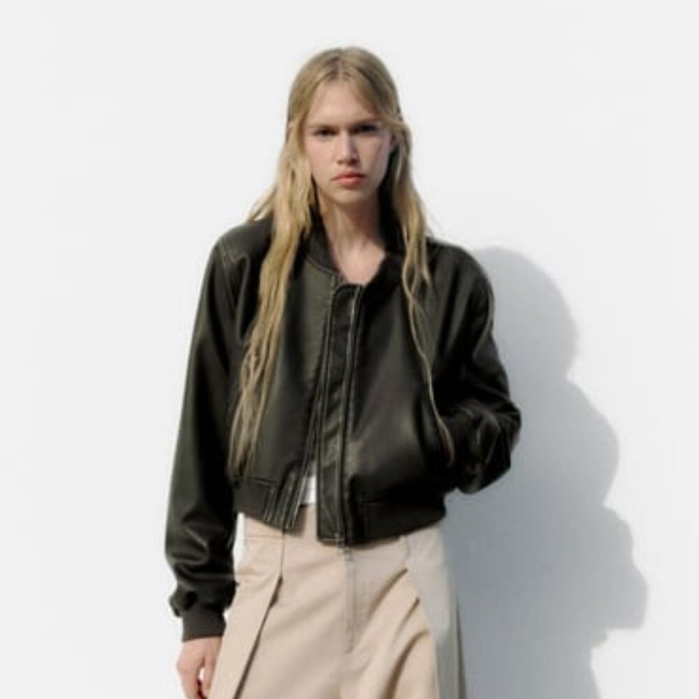 ZARA Worn effect gray brown faux leather bomber jacket - sz S